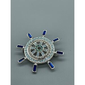 Monet Vintage Ships Wheel Brooch Silver Tone Blue Teal Rhinestone Nautical Pin
